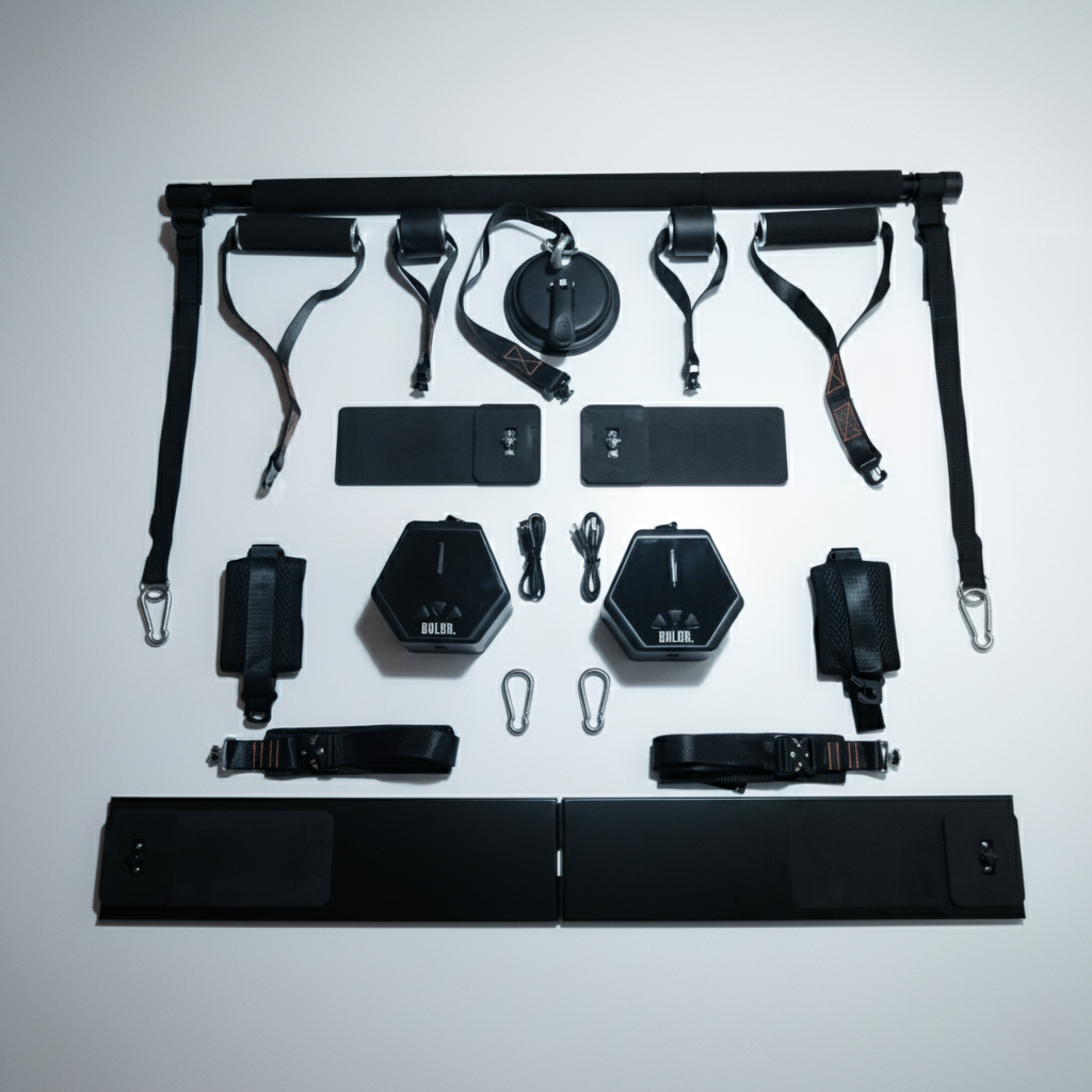 Dubbelkit med två BOLDR kabelmaskiner och tillbehör uppställda på plan yta