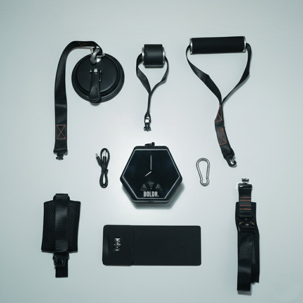 BOLDR kabelmaskin med alla tillbehör som ingår i paketet.